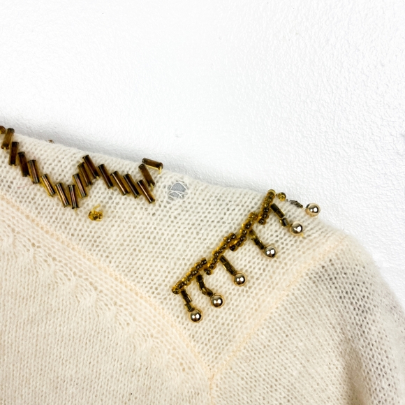 Vintage Lambswool Angora Blend Beaded Fall Leaf Cardigan in Off White - Picture 9 of 12
